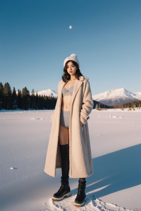  Girl in winter wonderland, panoramic view, standing on the edge of a frozen lake, wearing a fur-edged long down jacket, ((opens the coat to reveal underwear and bra, paired with pantyhose))), snow boots, gloves, wool hat, surrounded by tall pine trees dusted with snow, a crisp blue sky with sunlight breaking through the clouds, casting elongated shadows, snowdrifts on the lake shore, distant mountains under the pink alpenglow, capturing the season of peace and tranquility