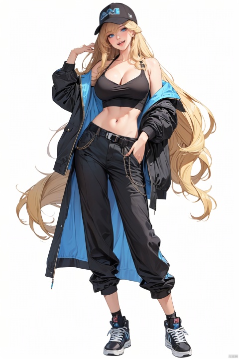  (best quality), ((masterpiece)), (highres), illustration, original, extremely detailed .jjj, 1girl, solo, long hair, breasts, looking at viewer, smile, open mouth, blue eyes, blonde hair, large breasts, simple background, shirt, long sleeves, hat, white background, navel, cleavage, bare shoulders, very long hair, jacket, full body, open clothes, shoes, shorts, midriff, belt, pants, off shoulder, black footwear, open jacket, black jacket, crop top, black shirt, black pants, sneakers, baseball cap