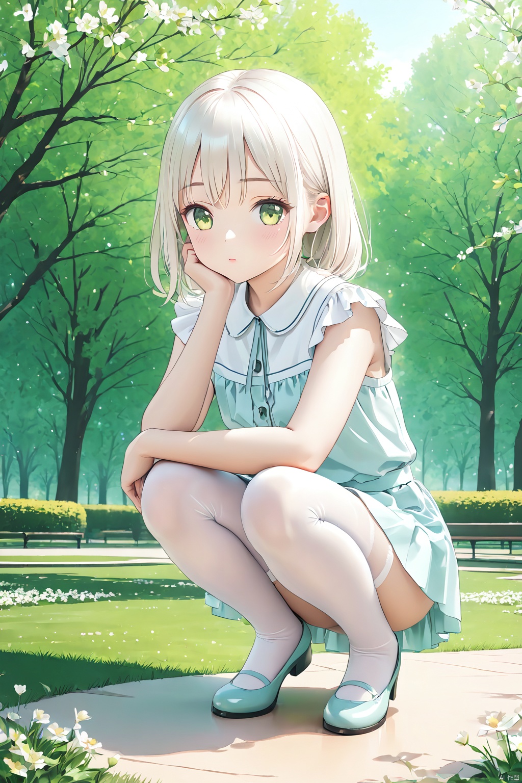 Masterpiece, photo-realistic, superior quality, 8K render, highly detailed anime-styled girl, solo character, squatting pose, high-resolution imagery, delicate smooth skin texture, youthful and innocent facial expression, meticulous attention to intricate details, vivid color scheme, artistic illustration style, exceptionally sharp focus on facial features and eyes, precise lighting with soft shadows emphasizing contours, dressed in a pure white knee-high stockings, complemented by a fashionable outfit, set against an ambient springtime background, urban or park setting.