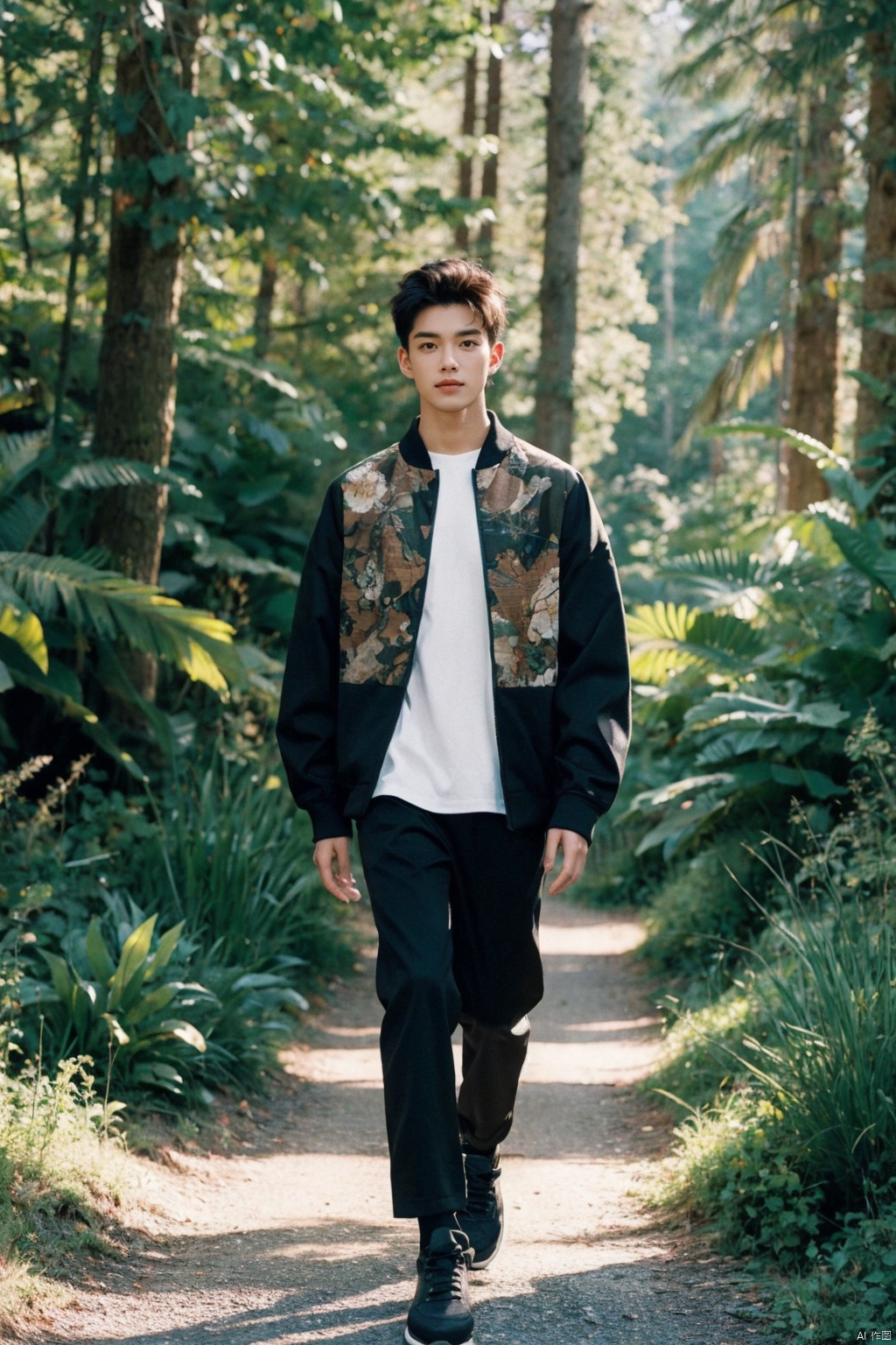 fashion-forward meets nature portrait, 35mm panoramic capture, trend-conscious male model in avant-garde streetwear, set against a lush forest backdrop, full-length composition, striking outfit harmonizing with the organic environment, modern materials contrasting with the wilderness, blending urban style with natural surroundings, incorporating movement or interaction with nature, AHJKLZ_forest_chameleon, high-resolution imaging, rich color palette, deep shadows and bright highlights, selectively focusing on the subject within the vast landscape, artfully merging the worlds of contemporary fashion and the great outdoors, telling a story of a man at one with both his style and the environment,((poakl)), monkren