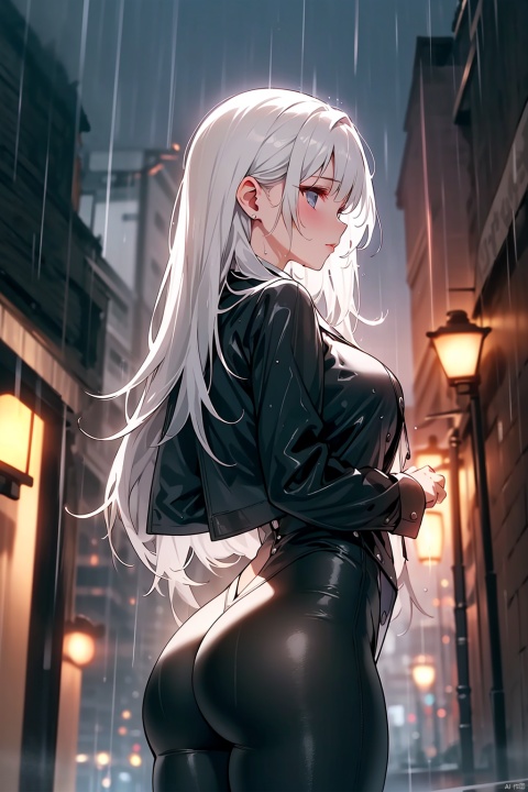 (UHQ, 8k resolution), creating alluring images of voluptuous women in rain-soaked urban environments.She is pictured standing under dim streetlights in a deserted alley during a downpour.She wore a see-through black lace bodysuit that outlined her curves, leaving her trench coat unbuttoned and her raincoat billowing in the wind.Her long, wet hair hung down her back, glistening in the gloomy light.The pavement was smooth and the puddles reflected the neon lights overhead, casting an ethereal glow around her..((poakl)).