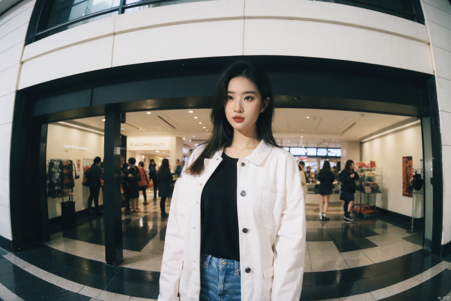 first-person real-world capture,portrait of a fashionable and captivating female subject,posing mid-stride in a contemporary shopping mall,subject exuding confidence and poise,her sleek ensemble complemented by the latest designer pieces,backdropped by an array of vivid storefront displays and reflections,passersby moving rhythmically around her,highlighting the pulse of the commercial environment,window light bouncing off polished surfaces to enhance the vibrancy of colors,ISO 400 to maintain accurate exposure despite the variable indoor lighting,aperture F2.8 to separate the subject from the bustling retail environment,shutter speed 1/200 sec to freeze her stride and convey a sense of momentum,employing Panasonic Lumix S1R for its superior resolution and dynamic range,MEGA_ISP Resolution,immersing viewers in an authentic snapshot of urban chic and vitality within the heart of a bustling mall,((poakl)),(((fisheye perspective, perspective, vanishing point, wide angle))),((looking into the camera, hands outside the camera))