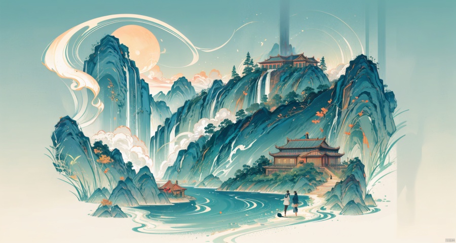 masterpiece, best quality, high resolution, incredibly ridiculous, absurd, very high resolution, detailed beautiful scene, ultra high definition wallpaper, ((overall tone is red)), (foreground auspicious clouds), clouds, country Chaoshanshui urban landscape illustrations combine traditional Chinese ink painting techniques with modern trendy visual art.On the left side of the picture is a stretch of lofty mountains, with winding rivers flowing between them, outlining a typical Chinese painting landscape, dotted with antique pavilions and looming cornices.On the right side, a modern city skyline is shown. The design of the skyscrapers cleverly combines traditional Chinese elements, such as window lattice grilles, moire carvings, ceramic glazes, etc. At the same time, neon lights flash on the top of the buildings, forming a distinct mark of the times.The landscape and the city are connected by a rainbow bridge, on which young people wearing national costumes are walking, waving skateboards and drones with national patterns in their hands.The brilliant city lights at night form a harmonious contrast with the quiet mountains and rivers, jointly interpreting the theme of the symbiosis of ancient and modern, nature and technology in Chinese trendy culture.