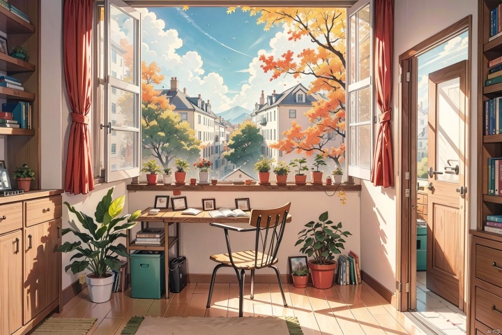  masterpiece, best quality, best quality, best quality, official art, silver game, concentric, medium scene, interior scene, floor-to-ceiling window (middle of frame), interior window, desk opposite window, bedroom, bunk bed, (warm light ), green potted plants, background, yard outside the window, autumn look, fallen leaves, sycamores, buildings, overall warm orange light picture.