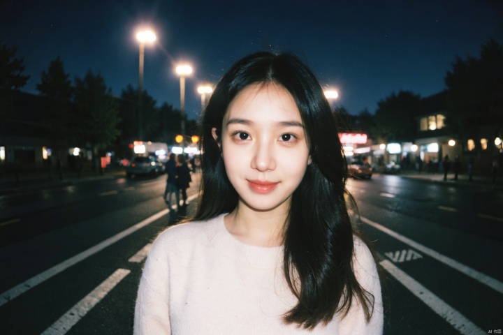 first-person nocturnal encounter,portrait of an adorable female subject,found amidst the twinkling neon lights of a nighttime cityscape,subject grinning brightly, holding a cotton candy cone,her playful spirit mirrored by the colorful surroundings,cosy oversized sweater contrasting with the edgy urban environment,soft, diffused street lighting casting a warm glow upon her face,blurry streaks of car headlights tracing their way through the frame,ISO 1600 adjusted for the low-light conditions,aperture F1.8 to create a creamy bokeh effect and draw focus to her infectious smile,shutter speed 1/60 sec to artistically capture the motion of the bustling night streets,deploying the Nikon Z6ii for its adept low-light performance and exceptional detail rendition,MEGA_ISP Resolution,transcribing a charming and endearing moment that captures the whimsical essence of youth amidst the energetic nightlife((poakl)),(((fisheye perspective, perspective, vanishing point, wide angle))),((looking into the camera, hands outside the camera))