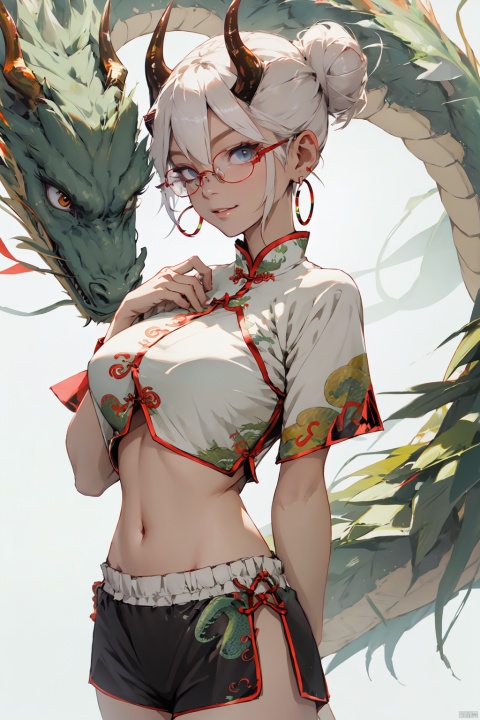  dragon girl,solo
,(dragon_horns:1.2)
,smug,smirk,
,gigantic_boobs
,hair_buns,
,hair_between_eyes,
,sidelocks
,(hoop_earrings:1.2)
,big_black_glasses
,crop top
,navel
,micro_shorts
, chinese clothes, china dress
,(one_hand_on_own_chest
,one_hand_on_own_hip)
,simple_background
,looking_at_viewer
, shuimobysim