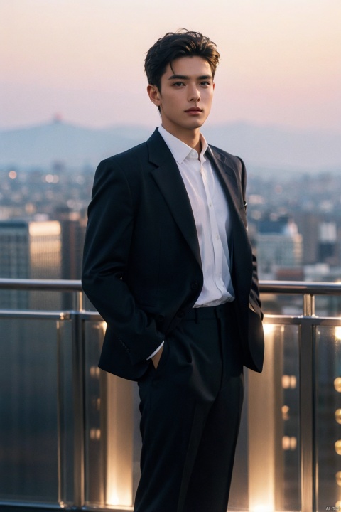 High-resolution, panoramic, 85mm focal length, capturing the essence of an urban-chic male model standing confidently against a sleek metropolitan skyline at sunset. The subject wears designer attire, a tailored suit in midnight blue with a crisp white shirt underneath, exuding sophistication. He's positioned near the edge of a rooftop terrace, bathed in warm golden hour light that accentuates his sharp features. In the background, a blurred out metropolis provides depth, while the foreground showcases intricate details of his outfit and posture. The photograph is masterfully executed with a shallow depth of field to emphasize the model's presence, giving it a professional editorial look.((poakl)), shirt_lift