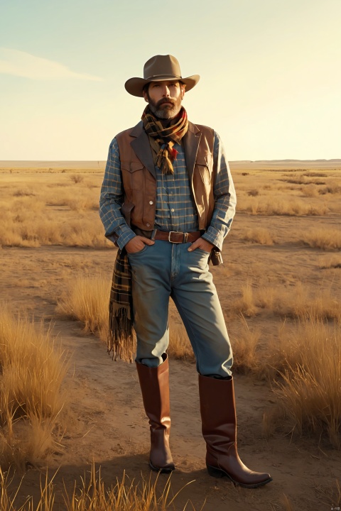 (Retro cowboy image: 1.0), worn leather jodhpurs, classic denim trousers, plaid shirt with scarf, hands in pockets.Big beard.The cowboy hat is tilted, a pocket square is tied around the neck, and the rugged boots are stained with dust. He is smoking a cigarette and wearing authentic leather gloves against the background of the prairie sunset, showing a confident posture.muddy.Dirty, worn, bloodstained, dirty, broken, looking into the camera, shot with retro camera effect, movie scene, movie shot, cinematic lighting, volumetric lighting, hyper-detailed, highly detailed, ultra-detailed, realistic, surreal, hyper-realistic , HD, IMAX, 8K resolution, super resolution, sharp focus, magnificent, best quality, masterpiece.,