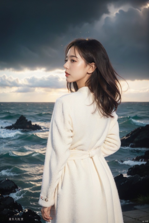 (8k,RAW photo,best quality,masterpiece:1.2),(realistic,photo-realistic), strong wind, a girl, standing, (whole body)), back, dynamic hairstyle, (((from back)), edge light , coat,, (((film composition, film lighting))),, not looking at the camera, profile, ocean, clouds, gloomy sky, depth of field, sea, dim sky, dim,