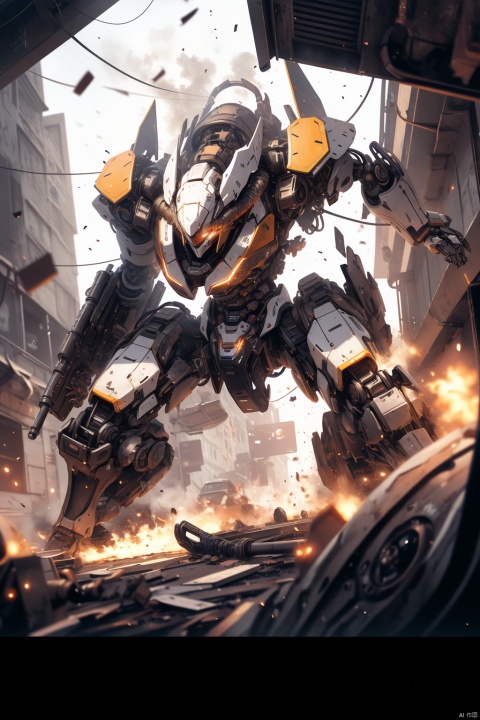 Wide angle lens, vanishing point, from below, looking up, focusing on the waist, perspective, fisheye lens, (robot: 1.1), advanced exoskeleton armor, plasma cannon, reinforced armor plate, thruster engine, city ruins background, deterrence Full posture, luminous energy core, smoke trails, fine hydraulic system, weathered painting style, dynamic action moments, strong light effects, doomsday wasteland atmosphere, Robot