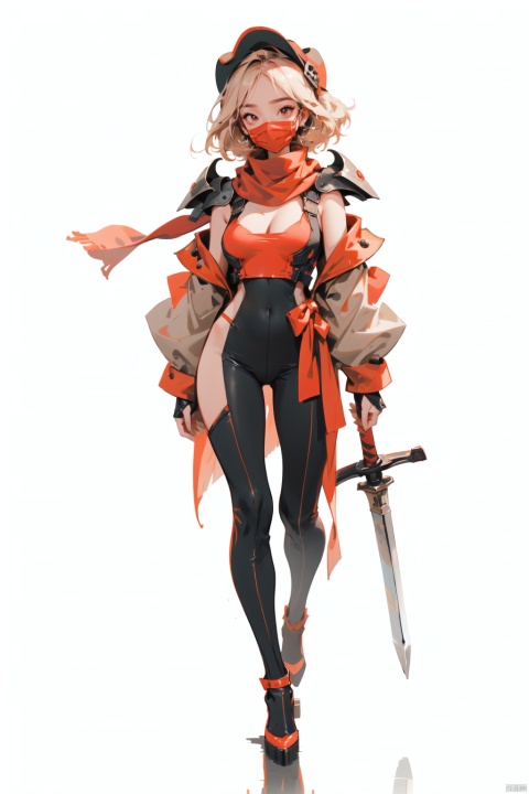  (\ji jian\),  ((poakl)),1girl, solo, breasts, looking at viewer, blonde hair, large breasts, simple background, red eyes, white background, holding, cleavage, standing, full body, weapon, sword, scarf, holding weapon, armor, high heels, hand on hip, bodysuit, mask, holding sword, shoulder armor, gauntlets, reflection, pauldrons, red scarf, mouth mask