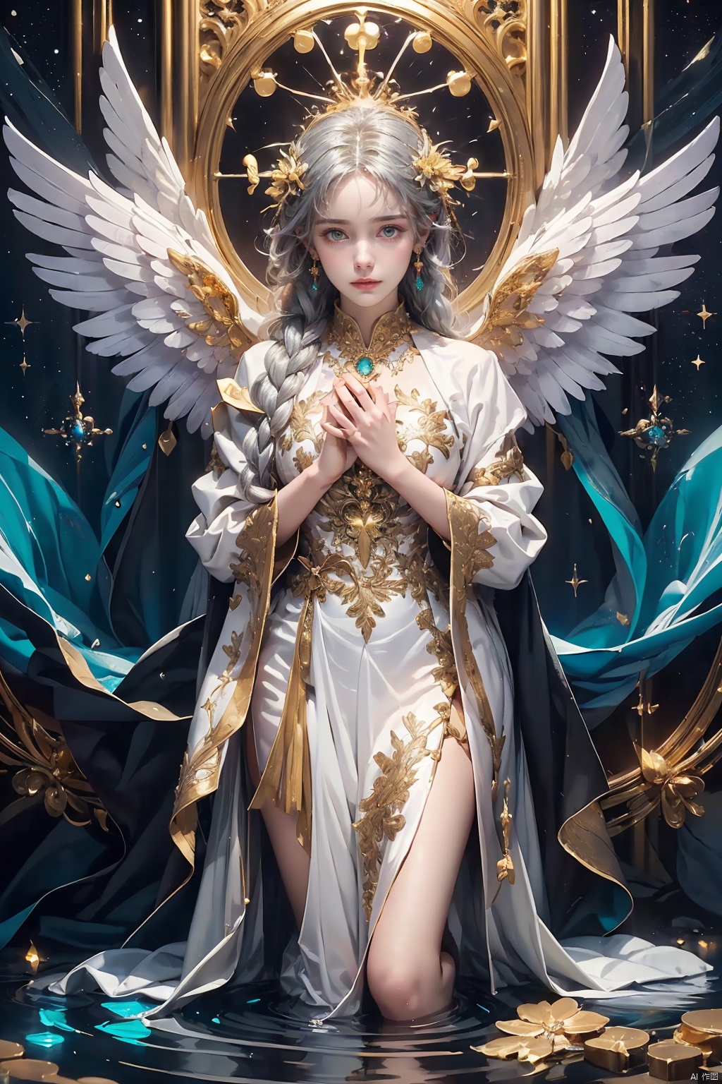 (((dark, emerald, gold)), rich palette, high contrast, deep shadows, luxurious aesthetic, supreme detail, breathtaking artwork, (masterpiece), (epic composition), (hyper-realistic), (((oil painting))), ((an intricately captivating and hauntingly beautiful)), (dramatic chiaroscuro), 1angel, celestial theme, shattered stained glass window, ancient cathedral ruins, ((a trail of ethereal light)), ((cosmic aura)), the Andromeda galaxy, cosmic dust, Nebulae, Reflecting on holy water basin, (1angel:1.5) divine theme, silver-white wings, gazing downward, flowing white robes, parted lips, halo, volumetric lighting, full figure, angel emerging from broken glass, silver hair, intricate braids, serene expression, outstretched hand, holding a celestial staff, standing in water, looking towards viewer, detailed marble floor, male cherub, curly hair, kneeling in adoration, background with swirling galaxies, vast universe, epic scale, celestial choir, hymn,)))