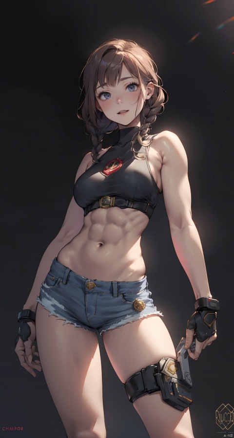  masterpiece, best quality, highres, incredibly absurdres, 1champion, League of Legends-inspired, female, gritty enforcer, muscular build, cybernetic arm cannon, cropped tank top revealing abs and upper body tattoos, reinforced denim shorts, heavy-duty combat boots, metallic knuckle dusters, industrial-styled pauldrons, badge of office emblem, utility belt loaded with grenades and tools, wild punk hair in braids, intense stare, battle-scarred face, tactical scanner goggles, tactical holster for her signature shock baton, flexible yet durable leggings, powerful stance, legs spread wide for balance, formidable presence, forearm bracers with built-in communication devices, muscular thighs, determination etched into every line, urban battleground background, prepared to unleash a devastating assault ((poakl))