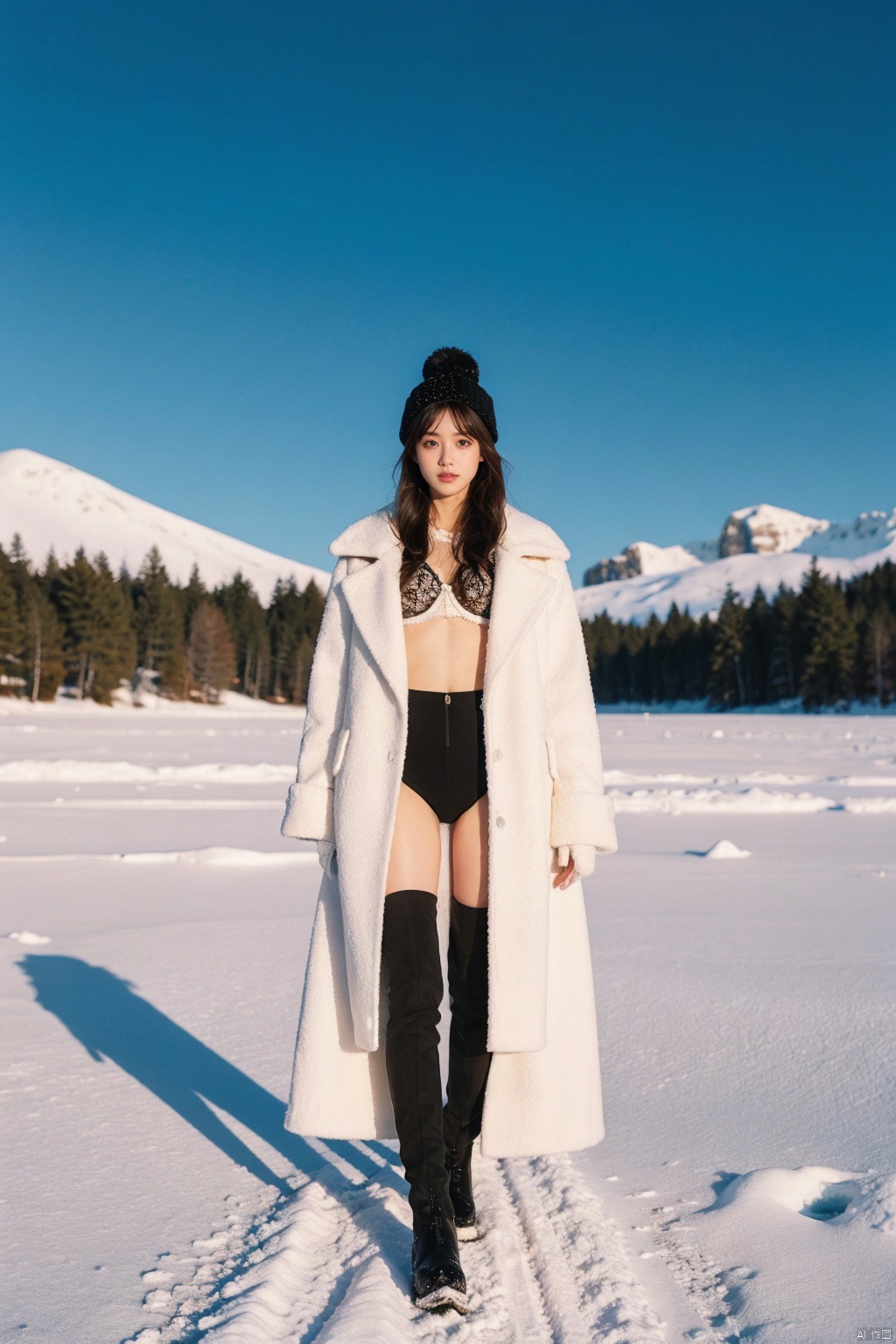  Girl in winter wonderland, panoramic view, standing on the edge of a frozen lake, wearing a fur-edged long down jacket, ((opens the coat to reveal underwear and bra, paired with pantyhose))), snow boots, gloves, wool hat, surrounded by tall pine trees dusted with snow, a crisp blue sky with sunlight breaking through the clouds, casting elongated shadows, snowdrifts on the lake shore, distant mountains under the pink alpenglow, capturing the season of peace and tranquility