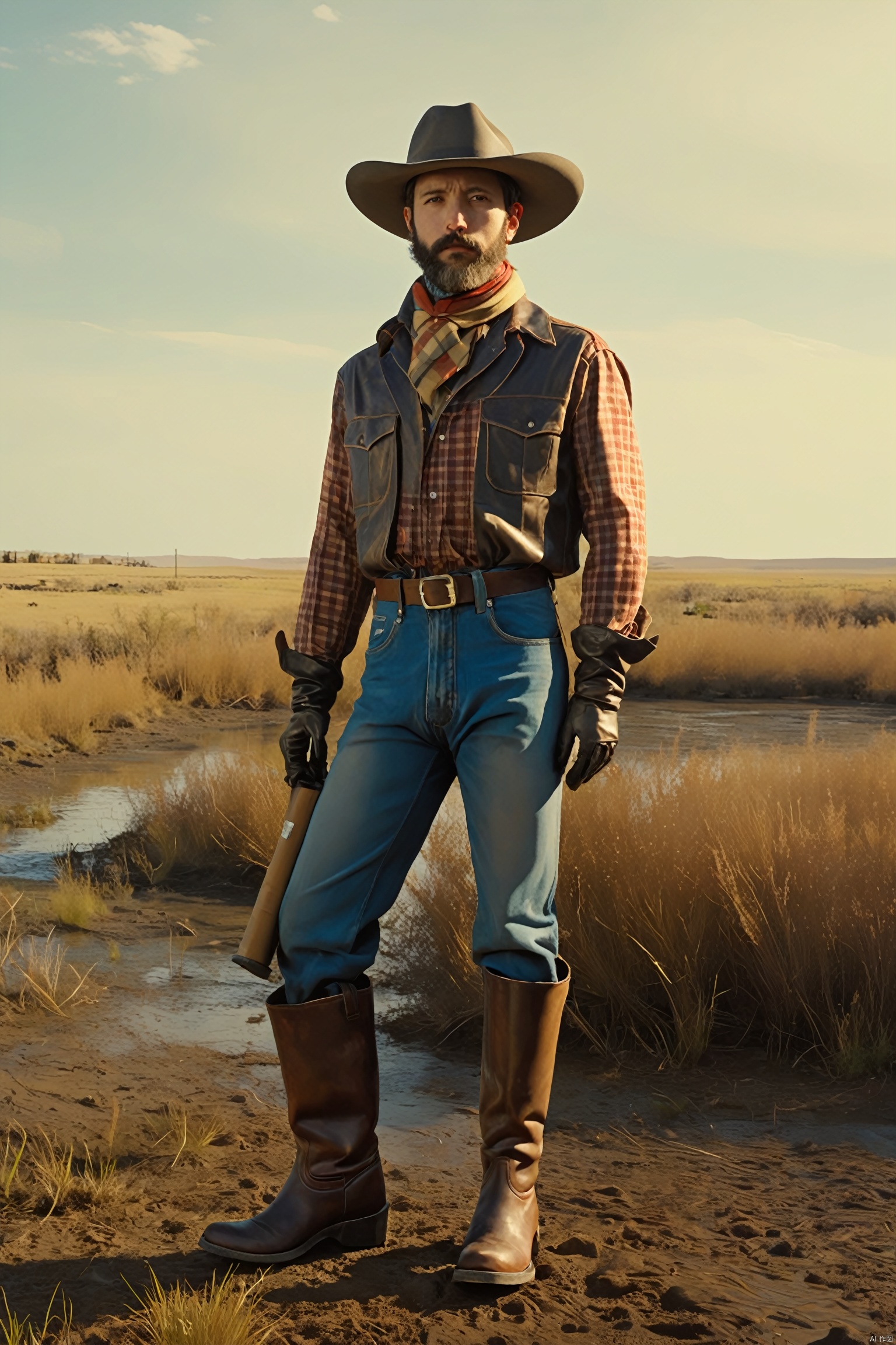 (Retro cowboy image: 1.0), worn leather jodhpurs, classic denim trousers, plaid shirt with scarf, hands in pockets.Big beard.The cowboy hat is tilted, a pocket square is tied around the neck, and the rugged boots are stained with dust. He is smoking a cigarette and wearing authentic leather gloves against the background of the prairie sunset, showing a confident posture.muddy.Dirty, worn, bloodstained, dirty, broken, looking into the camera, shot with retro camera effect, movie scene, movie shot, cinematic lighting, volumetric lighting, hyper-detailed, highly detailed, ultra-detailed, realistic, surreal, hyper-realistic , HD, IMAX, 8K resolution, super resolution, sharp focus, magnificent, best quality, masterpiece.,