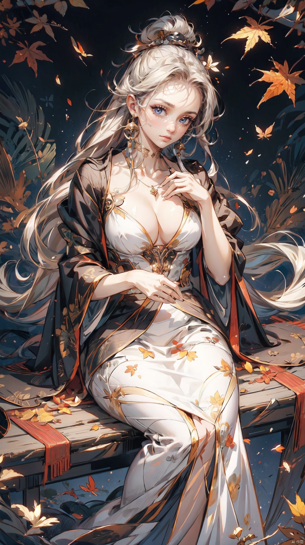  Best quality,masterpiece,1girl, A plump chest,platinum hair,flowing long hair,Exquisite fingers,(beautiful detailed eyes),High Angle Shot,sitting,black eyes,autumn,Romantic atmosphere,
