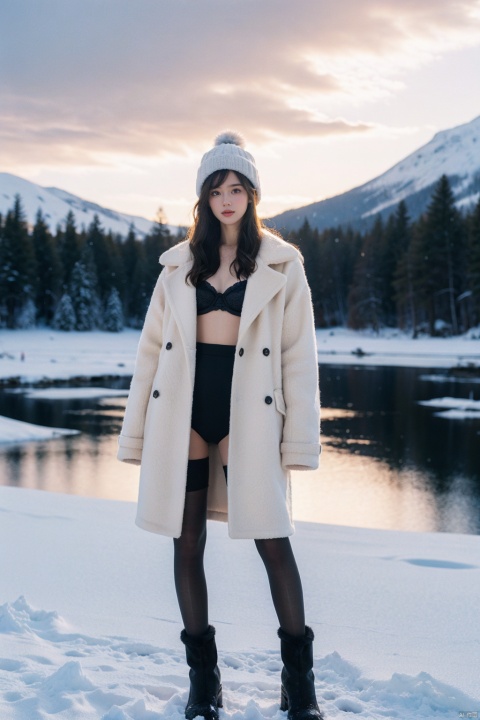  Girl in winter wonderland, panoramic view, standing on the edge of a frozen lake, wearing a fur-edged long down jacket, ((opens the coat to reveal underwear and bra, paired with pantyhose))), snow boots, gloves, wool hat, surrounded by tall pine trees dusted with snow, a crisp blue sky with sunlight breaking through the clouds, casting elongated shadows, snowdrifts on the lake shore, distant mountains under the pink alpenglow, capturing the season of peace and tranquility