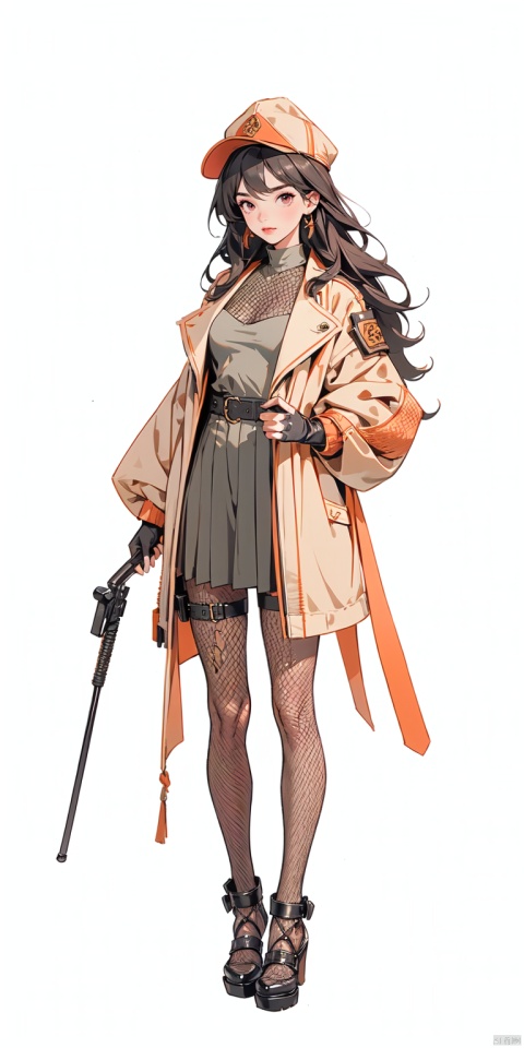  (\ji jian\),  ((poakl)),1girl, solo, long hair, breasts, looking at viewer, skirt, simple background, gloves, hat, holding, jewelry, jacket, weapon, pantyhose, earrings, belt, fingerless gloves, pink eyes, grey background, holding weapon, black jacket, see-through, black headwear, fishnets, black nails, cropped legs, fishnet pantyhose, holster