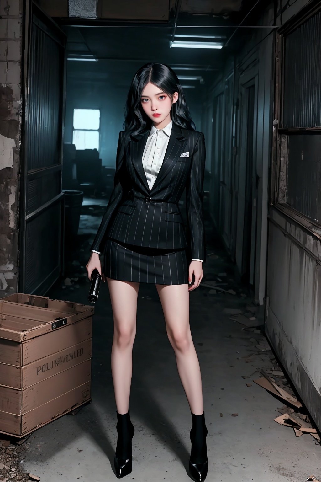  (Masterpiece: 1.2), (Best Quality: 1.2), (High Resolution: 1.2), (Incredibly Ridiculous), (Absurd), Very High Resolution, Illustration,,noir-inspired gangster scene, full body, 1 female mobster in a black pinstripe suit with a short skirt and sheer white stockings, glossy black stiletto heels, long wavy raven hair cascading over her shoulders, smoldering dark eyes framed by thick lashes and heavy eyeliner, standing amidst the dimly lit interior of an abandoned warehouse, holding a sleek chrome-plated pistol at the ready, flanked by loyal gang members in matching attire, background filled with stacked crates, peeling paint, and the gritty atmosphere of organized crime, blending classic noir aesthetics with modern fashion and underworld power dynamics, ((poakl)), seductive eyes, yinyou