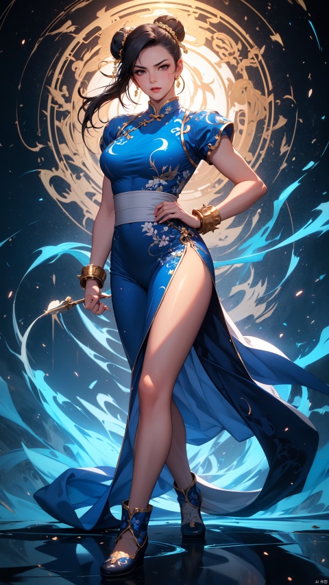  1female, Chun-Li inspired character, full body, iconic qipao costume, blue and white outfit with golden accents, long dark hair in buns, muscular legs, powerful stance, kicking pose, determined expression, spiked bracelets, intricate dragon embroidery, Chinese martial arts setting