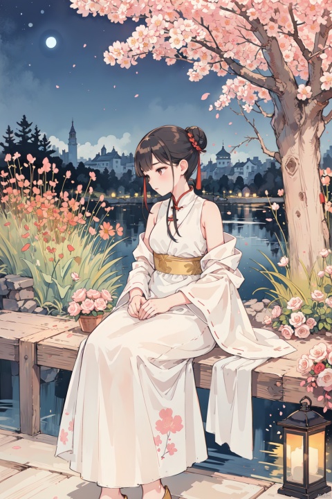  1girl, sensual Hanfu, traditional Chinese garden setting, flowing white silk dress embroidered with red and gold floral patterns, high-waist skirt, transparent inner layer revealing delicate skin, intricate hairpins holding cherry blossoms Bun, exquisite jade earrings, light makeup to outline almond eyes, dark eyeliner, pink glossy lips, thin waist tied with a ribbon, wooden-soled lace-up boots, bare shoulders, a serene expression with a hint of temptation, adding an ethereal quality to the moonlit night The temperament, the background is an ancient pavilion, flowers are blooming in the lotus pond, the breeze is blowing, and the fabric is swaying gently, ((poakl))