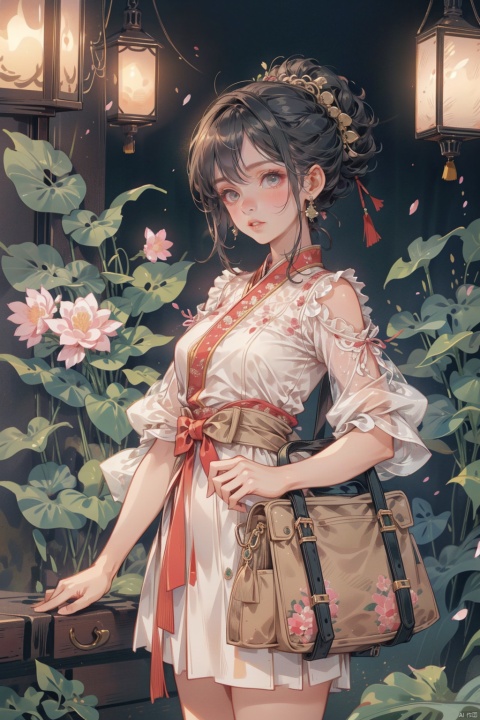1girl, sensual Hanfu, traditional Chinese garden setting, flowing white silk dress embroidered with red and gold floral patterns, high-waist skirt, transparent inner layer revealing delicate skin, intricate hairpins holding cherry blossoms Bun, exquisite jade earrings, light makeup to outline almond eyes, dark eyeliner, pink glossy lips, thin waist tied with a ribbon, wooden-soled lace-up boots, bare shoulders, a serene expression with a hint of temptation, adding an ethereal quality to the moonlit night The temperament, the background is an ancient pavilion, flowers are blooming in the lotus pond, the breeze is blowing, and the fabric is swaying gently, ((poakl))