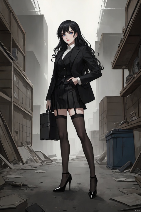  (Masterpiece: 1.2), (Best Quality: 1.2), (High Resolution: 1.2), (Incredibly Ridiculous), (Absurd), Very High Resolution, Illustration,,noir-inspired gangster scene, full body, 1 female mobster in a black pinstripe suit with a short skirt and sheer white stockings, glossy black stiletto heels, long wavy raven hair cascading over her shoulders, smoldering dark eyes framed by thick lashes and heavy eyeliner, standing amidst the dimly lit interior of an abandoned warehouse, holding a sleek chrome-plated pistol at the ready, flanked by loyal gang members in matching attire, background filled with stacked crates, peeling paint, and the gritty atmosphere of organized crime, blending classic noir aesthetics with modern fashion and underworld power dynamics, ((poakl)), seductive eyes, yinyou