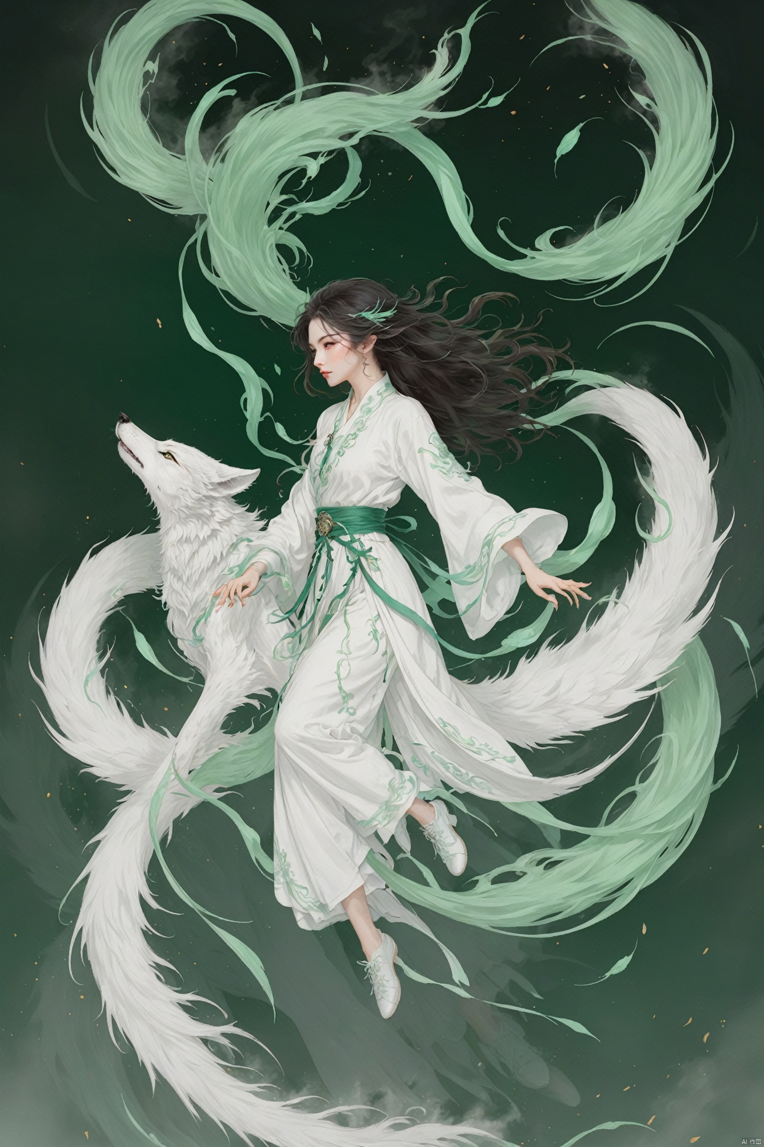  Wolf Girl, Flowing ink painting style, Magnificent epic scenes, exquisite face, clear eyebrows and eyes, phoenix eye, flying hair, fair skin, Dark green emerald, wearing white clothes, POV view, flowing sleeves, Fluorescent green, dynamic fire inbackground, blank-leaving, huge Chineseblade attacking the viewer
