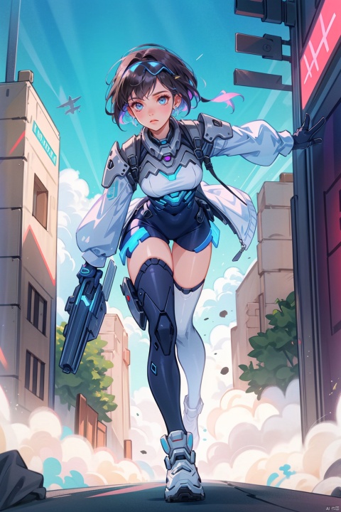  (((white stockings))), ((poakl)),1 character, female, inspired by the aesthetic and themes of Overwatch, portrayed in a full-body shot. This unique hero is clothed in a cutting-edge, form-fitting battlesuit, combining elements of hi-tech armor with fluid lines and bold colors. The suit exhibits shades of deep purple and electric blue, with glowing accents that illuminate her movements, suggesting an affinity with energy-based powers. She wears a lightweight, aerodynamic helmet that covers her short, vibrant magenta hair, leaving her determined and intelligent eyes visible through a clear visor.

She clutches a dual-function weapon capable of transforming from a rapid-fire energy blaster to a precision-guided projectile launcher, signifying her adaptability and versatility on the battlefield. Her posture reflects a balanced combination of power and agility, poised for action with legs slightly bent and torso leaning forward.

The background is a bustling, futuristic metropolis under siege, with towering skyscrapers, neon-lit billboards, and a swirl of airborne debris, all illuminated by the pulsing light emitted from her suit. Her heroic stance overlooks the chaos below, embodying the spirit of Overwatch – a beacon of hope amidst turmoil, ready to deploy her unique skills and join forces with other heroes to restore peace and order.