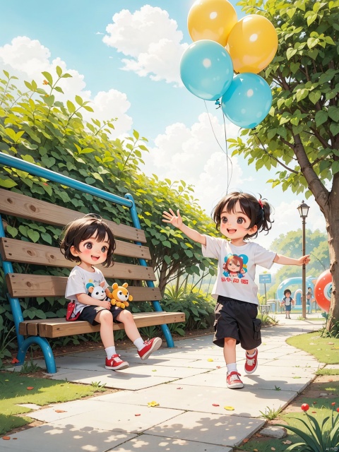 Children, happy, innocent smile, big eyes, cartoon T-shirt, colorful balloons, stuffed toys, parent-child playground, chasing and playing, innocent, sweet, curious exploration, children, natural light, medium long shot (MLS)