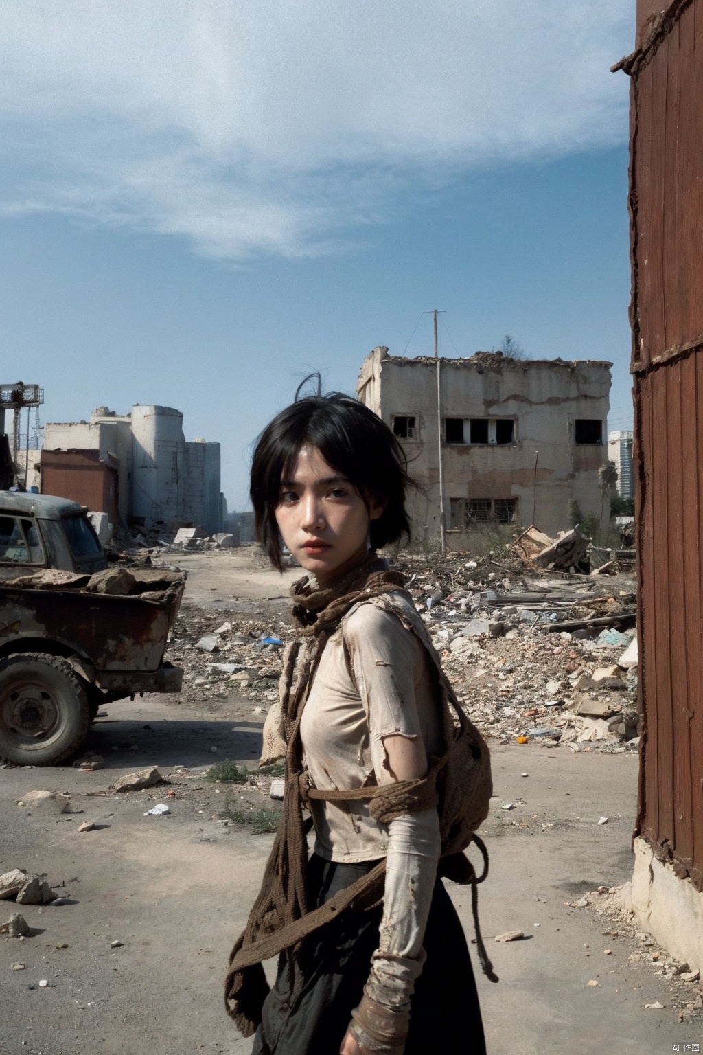 Envision a low-poly game art featuring a solitary girl in a post-apocalyptic setting. She's a survivor,dressed in makeshift armor crafted from remnants of the old world. The background is a desolate urban landscape,with crumbling buildings and abandoned vehicles. The scene is tinged with hues of orange and red,reflecting the harshness of the environment. She carries a backpack full of scavenged supplies,her expression one of resilience and hope amidst the ruins,(film grain:1.2),