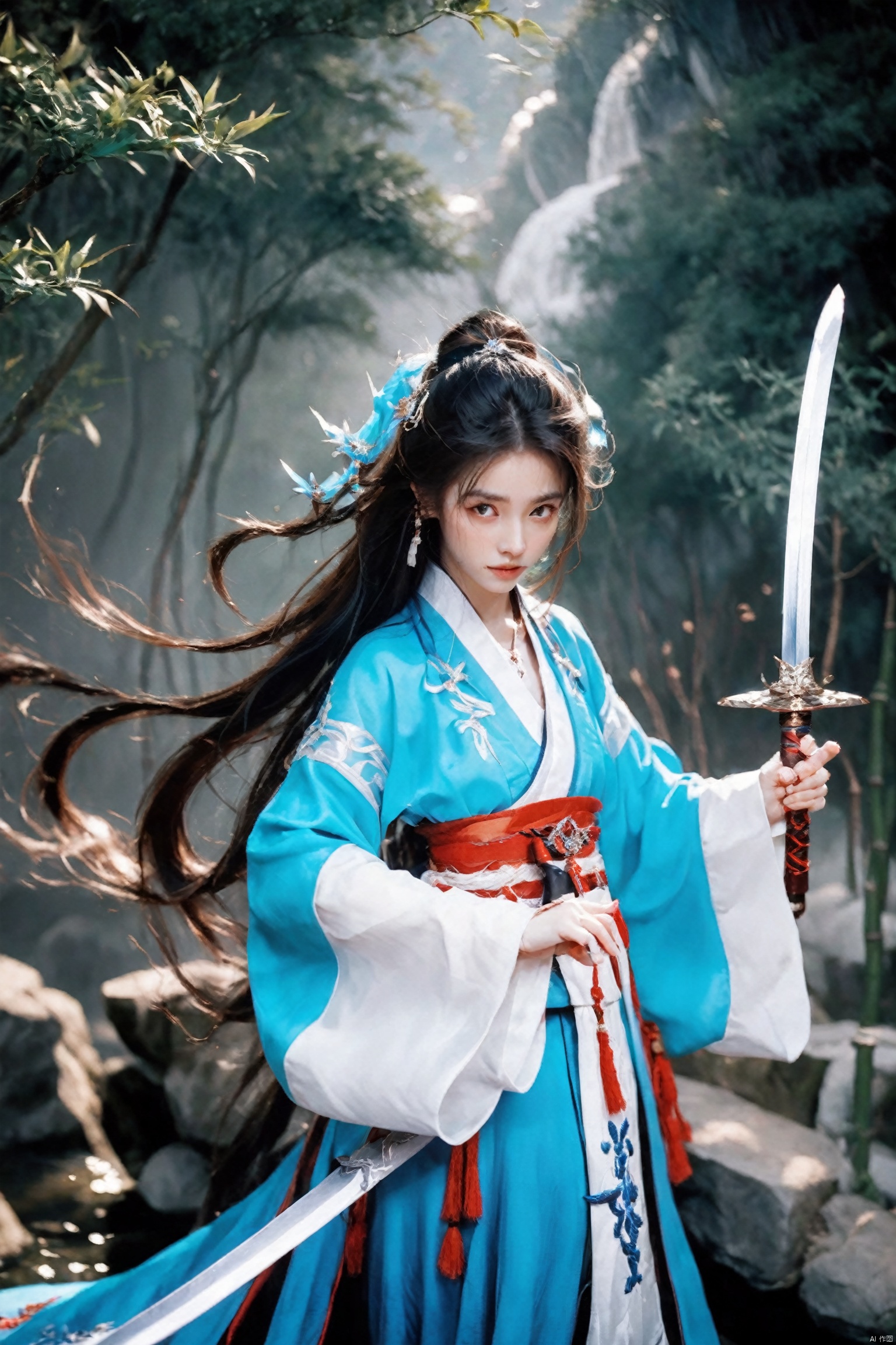  1 girl, Asian, cosplay, Lin Yueru (The Legend of Sword and Fairy), martial arts stance, sword in hand, determined expression, long flowing hair, traditional attire, embroidered robe, sash, hairpin, delicate features, focused eyes, elegant movements, bamboo forest, falling leaves, moonlit night, ancient temple, jianjue