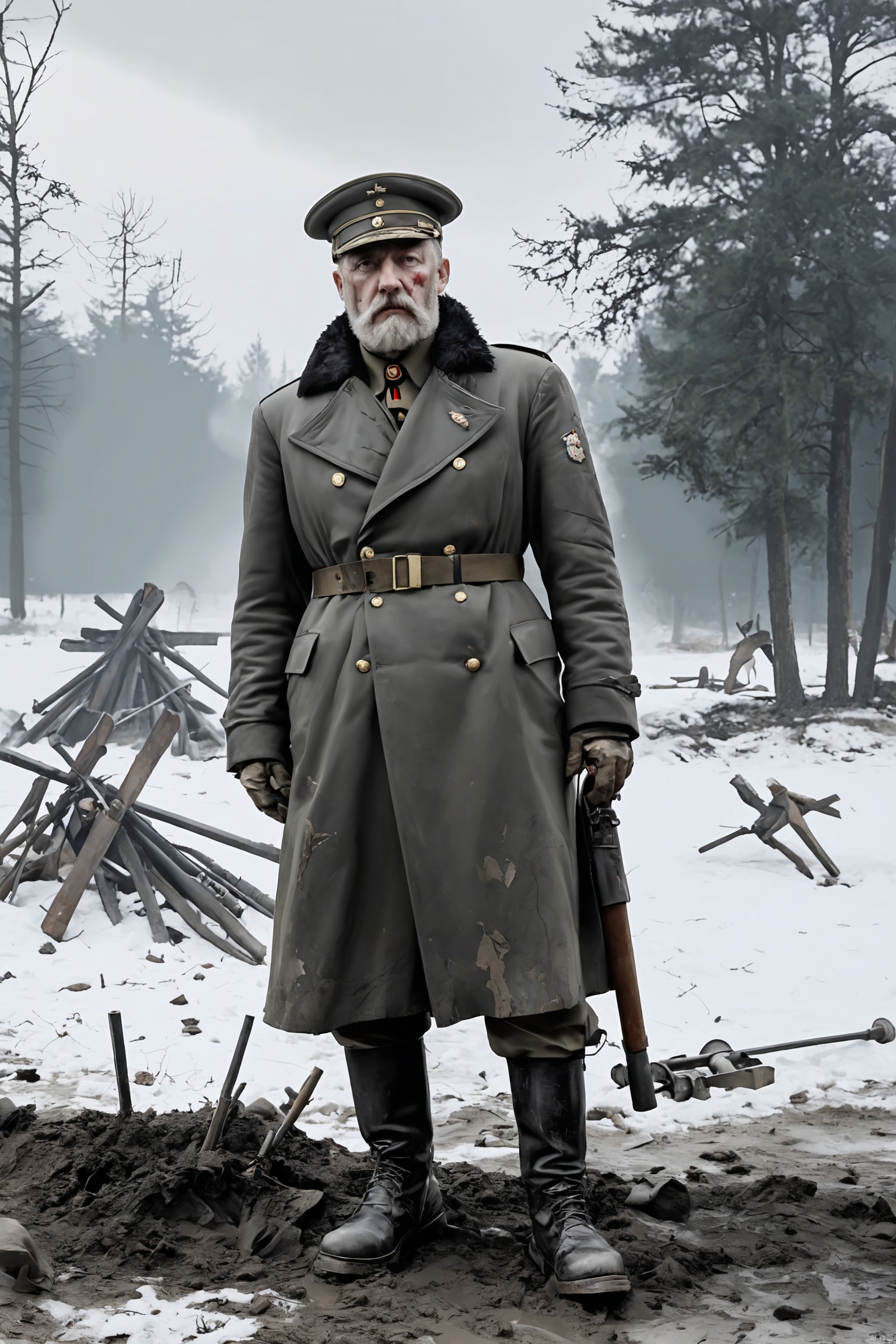 (Image of German general during World War II: 1.2), marshal uniform, standing, full body, big beard, Iron Cross hanging on the chest, gold-rimmed peaked hat, telescope hanging around the neck, map bag under the arm, serious face, Standing in a trench, with a battlefield background covered with snow, wearing a fur collared coat, having a strategic discussion, with a pipe in his mouth and military boots.muddy.Dirty, worn, hot, bloodstained, dirty, broken, looking at the camera, shot with a retro camera effect, traces of war damage visible in the background, showing the aura of the commander, movie scene, movie lens, movie lighting, volumetric lighting, ultra Detailed, Highly Detailed, Hyper-Detailed, Realistic, Surreal, Surreal, HD, IMAX, 8K Resolution, Super Resolution, Sharp Focus, Magnificent, Best Quality, Masterpiece.,