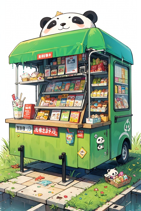  In the background is a panda's cartoon food stand and an ice cream truck on a green surface