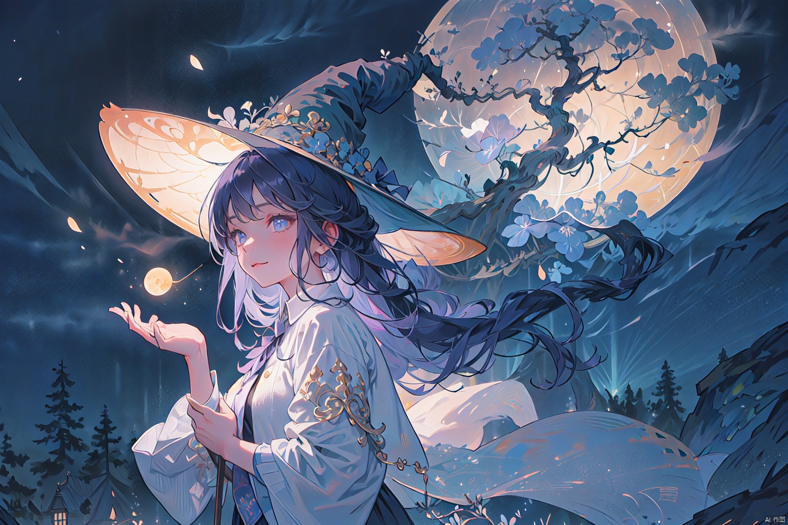 Best quality, masterpiece, illustration, super detailed, beautiful detailed eyes, (1 girl: 1.3), (witch: 1.2), eyes looking straight ahead, ordinary robe but fine details, (purple tone: 1.0), night vintage Castle background, bright moonlight, holding an ordinary staff but with bright spots, simplified magic circle pattern, weak rune light, energy gathered in the hand, a small amount of floating elemental particles, natural casting movements, expressions of courage and determination, implicit protective atmosphere, summoning Small guardian creature, symbol of shared power, connection with natural elements, theme of balance and harmony, hint of the flow of time, light of wisdom, ancient trees and moonlight, smile of hope, tacit team cooperation, magic linkage symbol, simple depiction of enchantment, sense of security Convey, stardust adorns the picture.)