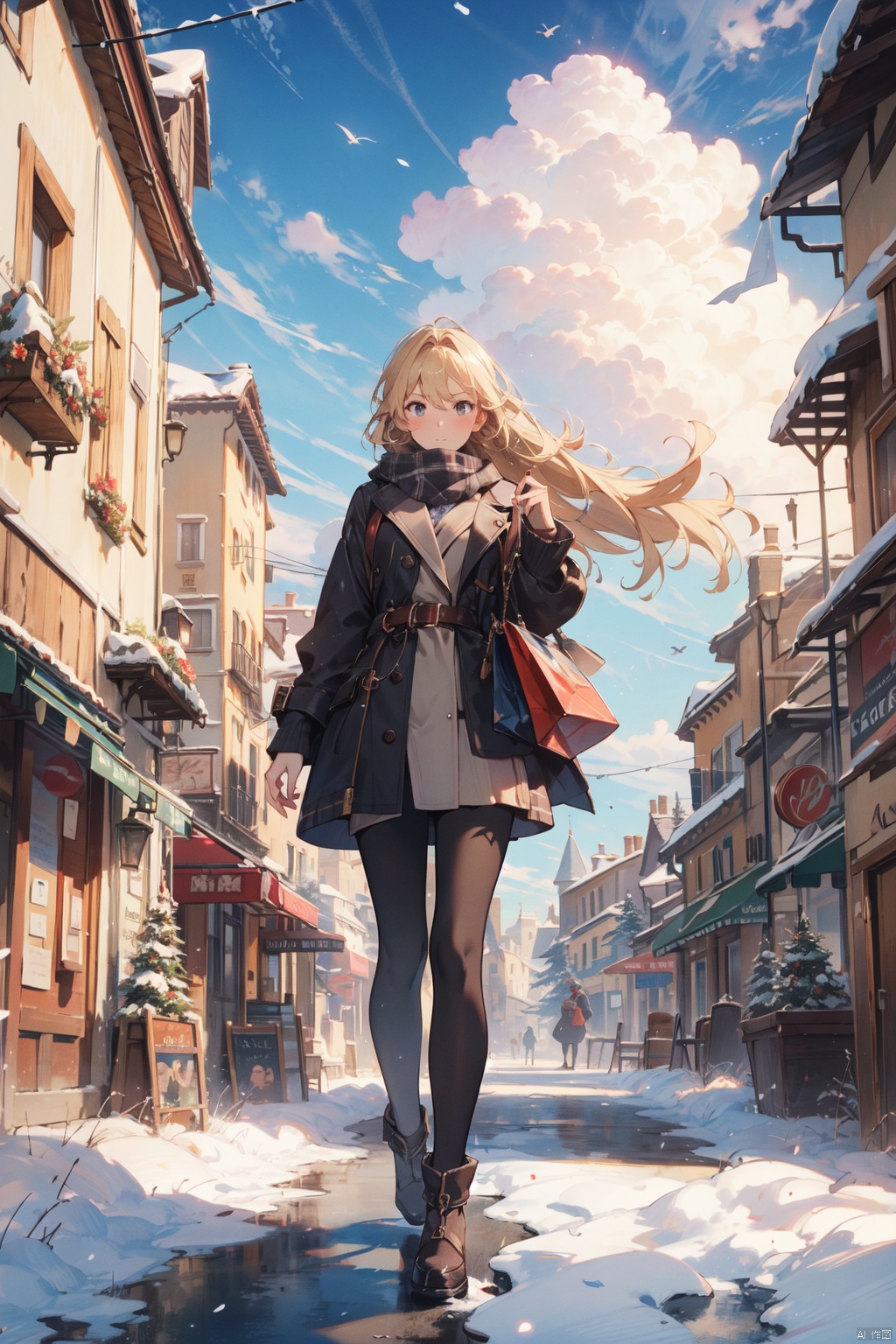  1girl, solo, blond, full body pic of the girl in sexy winter clothing, pantyhose, wide lens, windy day, beautiful clouds, in European shopping street, in winter, detailed face, master piece, 8K, official art.