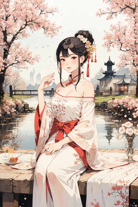 1girl, sensual Hanfu, traditional Chinese garden setting, flowing white silk dress embroidered with red and gold floral patterns, high-waist skirt, transparent inner layer revealing delicate skin, intricate hairpins holding cherry blossoms Bun, exquisite jade earrings, light makeup to outline almond eyes, dark eyeliner, pink glossy lips, thin waist tied with a ribbon, wooden-soled lace-up boots, bare shoulders, a serene expression with a hint of temptation, adding an ethereal quality to the moonlit night The temperament, the background is an ancient pavilion, flowers are blooming in the lotus pond, the breeze is blowing, and the fabric is swaying gently, ((poakl))