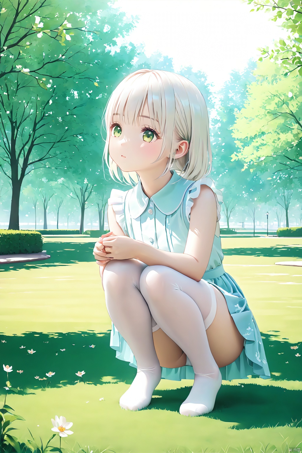 Masterpiece, photo-realistic, superior quality, 8K render, highly detailed anime-styled girl, solo character, squatting pose, high-resolution imagery, delicate smooth skin texture, youthful and innocent facial expression, meticulous attention to intricate details, vivid color scheme, artistic illustration style, exceptionally sharp focus on facial features and eyes, precise lighting with soft shadows emphasizing contours, dressed in a pure white knee-high stockings, complemented by a fashionable outfit, set against an ambient springtime background, urban or park setting.