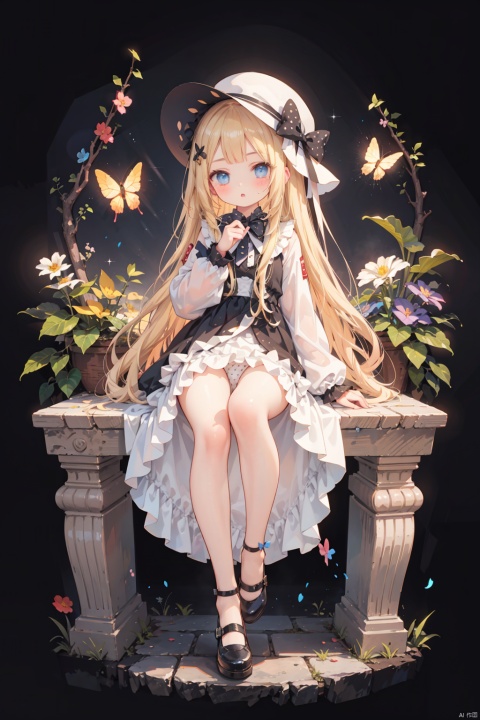  1girl, :o, abigail_williams_\(fate\), bangs, black_background, black_bow, black_dress, black_footwear, black_headwear, blonde_hair, bloomers, blue_eyes, bow, bug, butterfly, dress, forehead, full_body, hair_bow, hat, long_hair, long_sleeves, looking_at_viewer, mary_janes, multiple_hair_bows, orange_bow, parted_bangs, parted_lips, polka_dot, polka_dot_bow, shoes, sleeves_past_fingers, sleeves_past_wrists, small_breasts, solo, stuffed_animal, stuffed_toy, teddy_bear, transparent_background, underwear, very_long_hair, white_bloomers