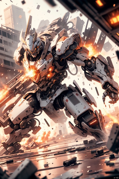  from below,Robots, huge mechas, stand proudly on skyscrapers with their huge bodies. The armor is made of smooth metal, industrialized, screws, and steel bars.It stands amid a battlefield of ruins and destruction.A dramatic low-angle shot is used to show its power and awe, with a stunning sunset in the background, spreading warm tones throughout the scene.The surface is meticulously carved with wear effects, the transparent part shows the complex internal mechanical structure, moving parts produce dynamic blur, battle sparks and explosions bring vivid light and shadow, movie-level 8K resolution, all-round display of stunning scale and power, 