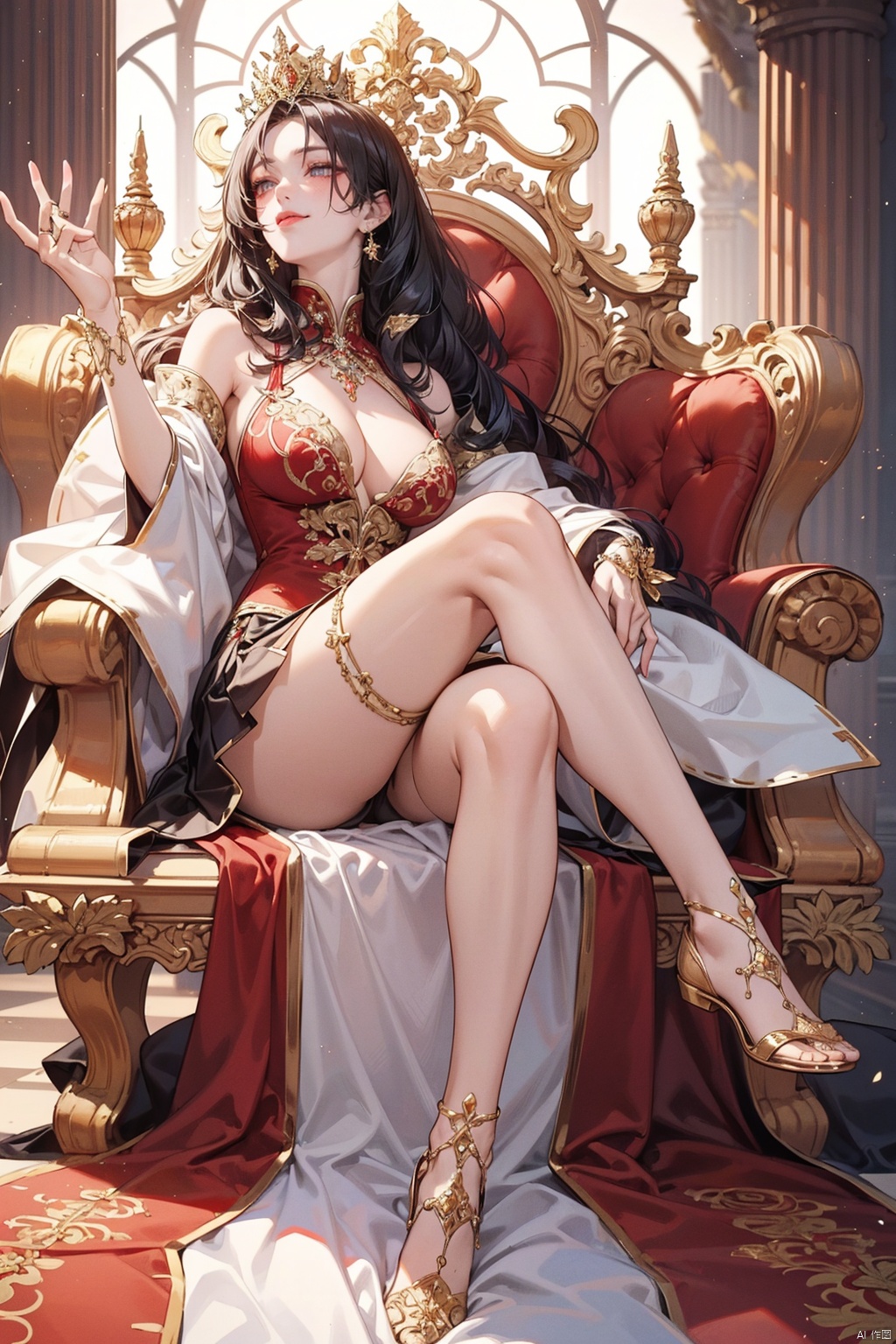 &quot;In a sensual throne scene, the anime-style Queen, seductively aged 35, sits majestically on her ornate golden throne, surrounded by towering marble columns and a rich tapestry of royal heritage, wearing a luxurious crimson velvet The gown hugged her curves, revealing a plunging neckline and thigh-high slit that accentuated her statuesque figure. The skirt was embellished with intricate gold embroidery and bejeweled embellishments, her legs were crossed, and her long scarlet hair was styled in a big The wavy form hangs down from her back, on the luxurious velvet footstool, ((majestic posture)), the majestic gaze, and the seductive smile, embodying the irresistible temptation and unyielding power of the king.&quot;