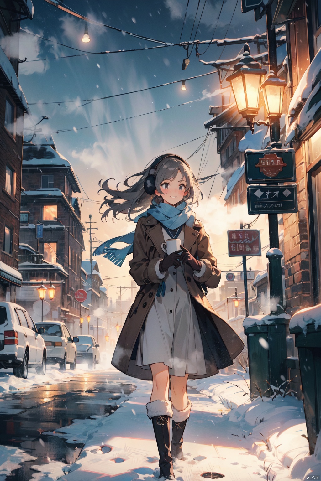 Girl, winter portrait, snowy background, long coat, fur collar, leather gloves, over-the-knee boots, woolen dress, smile, windblown hair, standing near a street lamp, snowflakes falling and accumulating on clothing, retro environment , neutral tones, subtle makeup, flushed cheeks, melancholy smile, bundled up, walking in the snow, cityscape background, moonlit night, tightly wrapped scarf, earmuffs, steam rising from a nearby coffee shop , the warm yellow light shines on the road, capturing the quiet and lonely beauty of winter