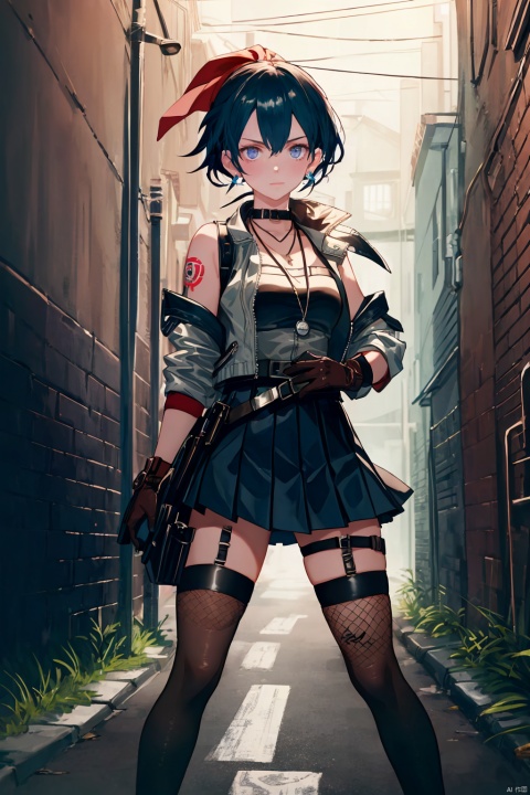  (Masterpiece: 1.2), (Best Quality: 1.2), (High Resolution: 1.2), (Incredibly Ridiculous), (Absurd), Very High Resolution, Illustration,,simple background, (Dimly Lit Alleyway: 1.4), 1 girl, standing, gangster outfit, short skirt, white thigh-highs, pleated miniskirt, black leather jacket, sleeveless undershirt, cropped top, tattoos on exposed skin, aviator sunglasses, red bandana, statement necklace, fishnet glove, combat boots, dual wield pistols, slicked-back raven hair, piercing blue eyes, scar above eyebrow, cigarette held between fingers, tough stance, gritty alley setting, graffiti walls, utility belt, thigh holster, intense gaze, ripped tights, gunmetal accessories, ((poakl)), seductive eyes, , 1girl