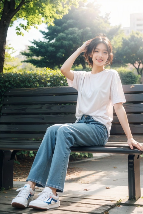 girl, laughing out loud,from below,casual wear (white t-shirt, blue jeans), sneakers, sitting on a park bench, natural sunlight, candid expression, 3/4 portrait, 2K resolution, soft focus background, blowing wind effect on hair, 