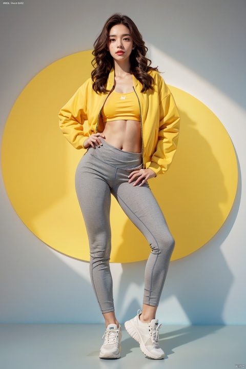 (8k, RAW Photo, Best Quality, Masterpiece: 1.2), (Real, Real: 1.4), Official Art, Magazine Cover, Poster, Movie, Natural Light, Global Illumination, Contour Light, 1 Athletic Girl, Sports Bra, Motion Hair style, dynamic pose, (((grey yoga pants BREAK yellow jacket))), exposed navel, muscular legs, depth of field, ((poakl)), duobaca, (((whole body))), Hermès orange background,