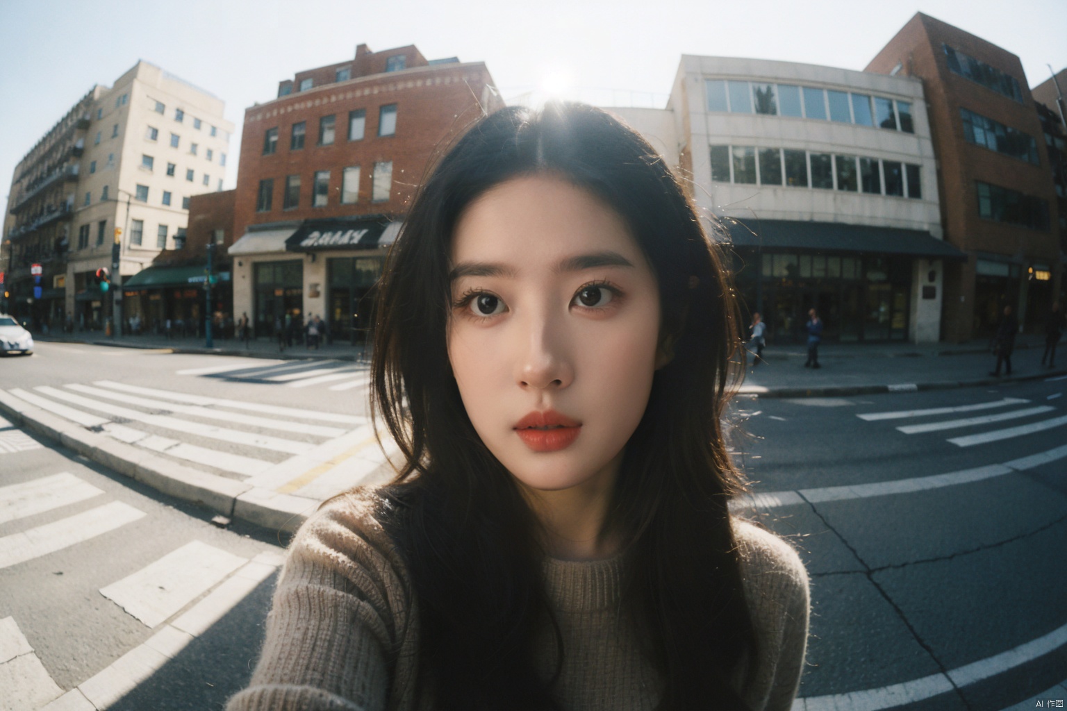 first-person realistic portraiture,half-length shot of a female subject,perched on a city stoop during broad daylight,backdrop of a sunlit, bustling city street,subject confidently posed with hands tucked casually in pockets,angular features softly illuminated by diffused daylight,neutral expression hinting at inner thoughts,modern urban attire mirroring the surrounding architecture,texture-rich backdrop of brick walls and passing pedestrians,ISO 200 for ideal daylight exposure,aperture F2.8 to separate subject from the background while maintaining environmental context,shutter speed 1/500 sec to freeze the dynamic urban environment,utilizing Leica Q2's renowned image quality,MEGA_ISP Resolution,crafting an intimate yet powerful narrative within the kinetic tapestry of the cityscape,((poakl)),(((fisheye perspective, perspective, vanishing point, wide angle))),((looking into the camera, hands outside the camera))