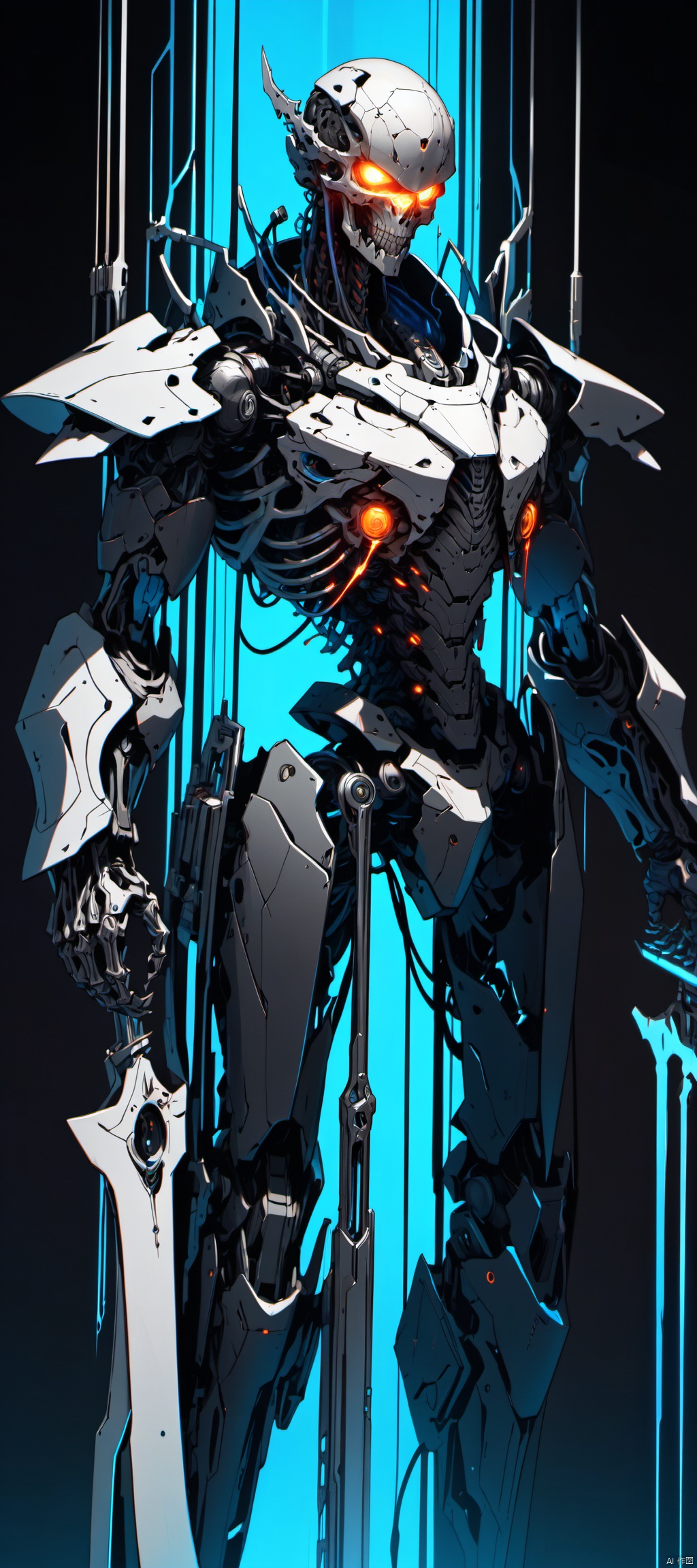bold sci-fi character conception, hyper-realistic rendering, mechanical reaper embodiment, menacing skeletal frame forged from obsidian alloy, interlocking plates mimicking natural bone structure, nano-tech joints capable of near-instantaneous articulation, dual scythe-like appendages extending from shoulders, retractable plasma blades shimmering with lethal potential, built-in cloaking system for stealthy traversal, multi-spectral ocular sensors projecting an omniscient gaze, quantum processor brain interfaced with cosmic data streams, segmented spinal column pulsating with bioelectric energy, entropic force field harnessing decay and entropy, dark matter core powering a timeless existence, cold, metallic exterior juxtaposed with eerie internal glow, MW_GFCJCH, chilling ambiance, intricate biomechanical detailing, sophisticated gradient shading, stark contrast between light and shadow, and an unnerving sense of inevitable mortality..(gradient background, simple background),((anime art style)), ((poakl))