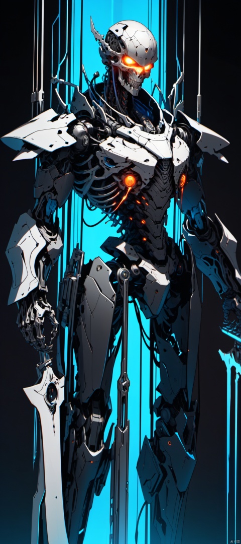 bold sci-fi character conception, hyper-realistic rendering, mechanical reaper embodiment, menacing skeletal frame forged from obsidian alloy, interlocking plates mimicking natural bone structure, nano-tech joints capable of near-instantaneous articulation, dual scythe-like appendages extending from shoulders, retractable plasma blades shimmering with lethal potential, built-in cloaking system for stealthy traversal, multi-spectral ocular sensors projecting an omniscient gaze, quantum processor brain interfaced with cosmic data streams, segmented spinal column pulsating with bioelectric energy, entropic force field harnessing decay and entropy, dark matter core powering a timeless existence, cold, metallic exterior juxtaposed with eerie internal glow, MW_GFCJCH, chilling ambiance, intricate biomechanical detailing, sophisticated gradient shading, stark contrast between light and shadow, and an unnerving sense of inevitable mortality..(gradient background, simple background),((anime art style)), ((poakl))