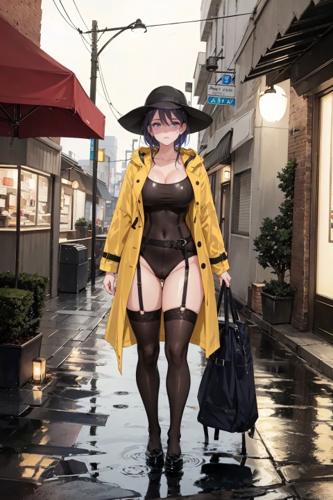  (UHQ, 8k resolution), creating alluring images of voluptuous women in rain-soaked urban environments.She is pictured standing under dim streetlights in a deserted alley during a downpour.She wore a see-through black lace bodysuit that outlined her curves, leaving her trench coat unbuttoned and her raincoat billowing in the wind.Her long, wet hair hung down her back, glistening in the gloomy light.The pavement was smooth and the puddles reflected the neon lights overhead, casting an ethereal glow around her..((poakl)).