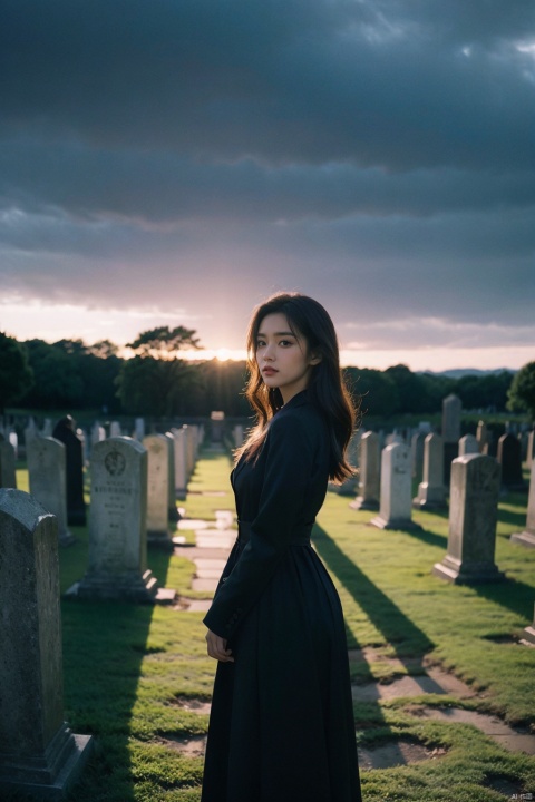 35mm focal length, panoramic shot, outdoor photography, sensually styled young woman situated in an eerie yet compelling cemetery setting, wearing an alluring outfit that balances mystery and allure, posed thoughtfully among tombstones or mausoleums under a moody sky, chiaroscuro lighting accentuating her curves and expressions, subtly hinting at themes of mortality and beauty, capturing the interplay between her presence and the silent, solemn atmosphere of the graveyard, utilizing the 35mm lens to immerse the viewer in a wide and detailed panorama, where the subject is visually connected to the somber surroundings, yet maintains a captivating focal point amidst the atmospheric landscape.((poakl)), monkren